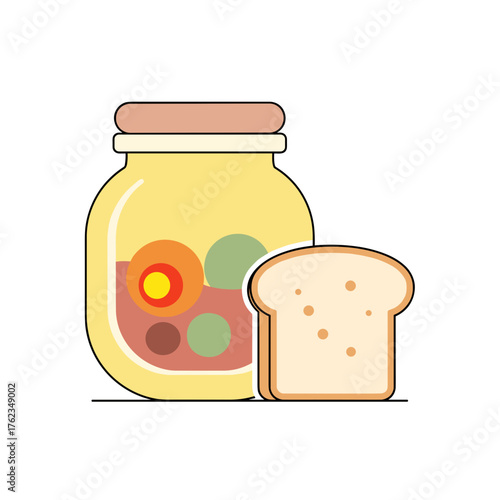 Jar of colorful stew beside slice of bread in minimalist style  