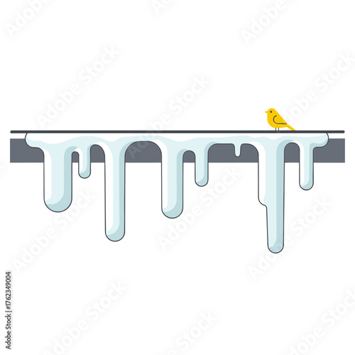 Icicles melting from house gutter with yellow bird on top - Concept of winter  