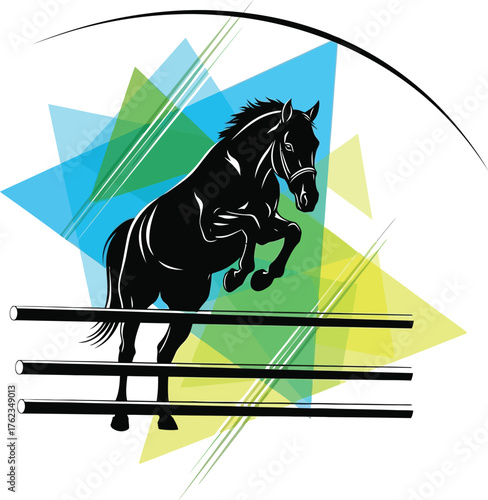 Black Horse Silhouette Jumping Over Hurdles with Abstract Geometric Background Keywords: horse, jumping, equestrian, sport
