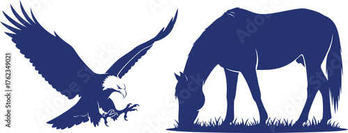 Blue Silhouette Eagle Swooping and Horse Grazing on White Background Keywords: eagle, horse, animal, wildlife, silhouette, blue