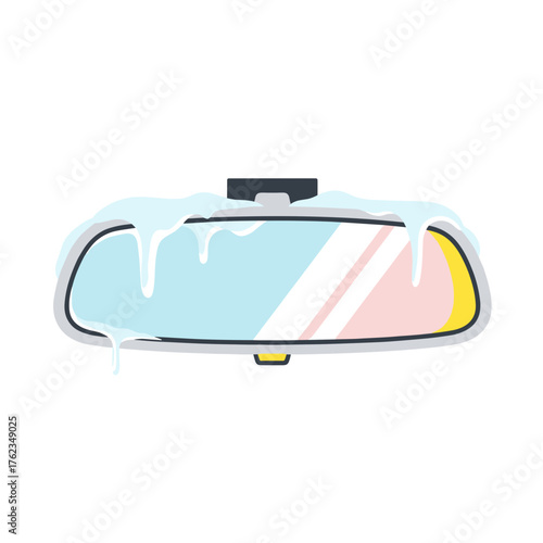 Ice-coated rearview mirror with melting frost reflecting sunlight  