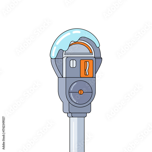 Payment meter with ice cap and melting snow in winter season  