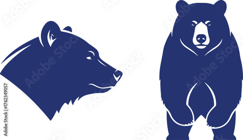 Blue silhouette profile of a bear head and a standing bear Keywords: bear, grizzly bear, brown bear, animal, wildlife, profile