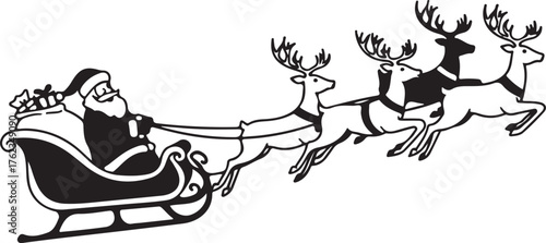 Santa Claus rides in his sleigh pulled by reindeer on Christmas Eve.