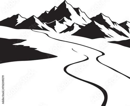 Monochrome Mountain Landscape with Winding Path Vector Illustration Design.