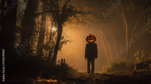 Spooky pumpkin head figure walking in foggy forest at night
