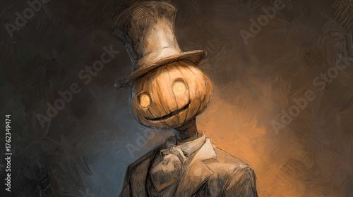 Vintage styled pumpkin head portrait in suit and top hat illustration