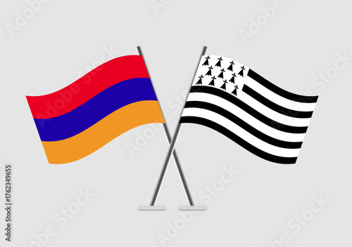 Armenia and Brittany vector flags with elegant waving animation effect