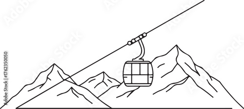 Cable car in the mountains black and white minimal illustration.