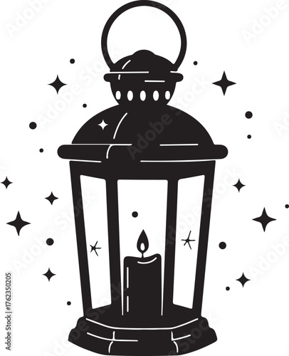 Black and white illustration of a lantern with candle and stars.