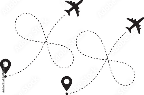 Airplane path icon with location pin and dotted flight trail
