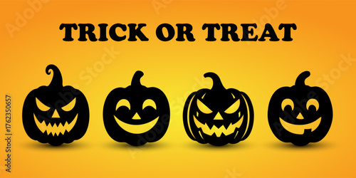 Trick or Treat Text with Jack-o'-Lantern Silhouettes on Orange Halloween Background. The strong contrast between the dark pumpkins and the bright background creates a visually striking composition.