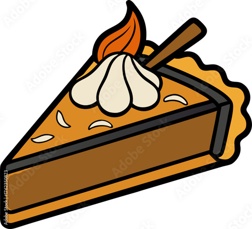  Pumpkin pie slice with whipped cream and cinnamon sticks. black illustration  white background