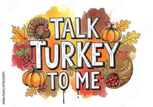 Talk turkey to me text with Thanksgiving symbols. Autumn harvest theme illustration with turkey, pumpkin, and autumn leaf elements for holiday greeting.