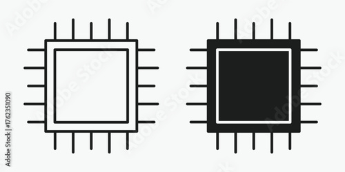 Processor chip icon in outline, solid, and color style on a light gray background, ideal for AI, computing, hardware, and digital technology projects, available in EPS vector format.