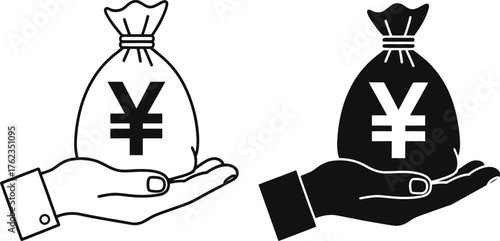 Hand holding a bag with a yen symbol black and white silhouette.