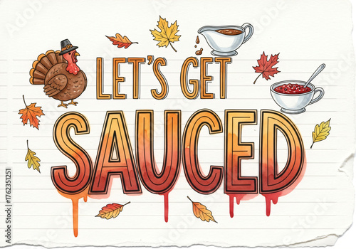 Thanksgiving turkey with gravy and cranberry sauce, seasonal autumn leaves and let’s get sauced text. Funny holiday illustration for greeting cards.
