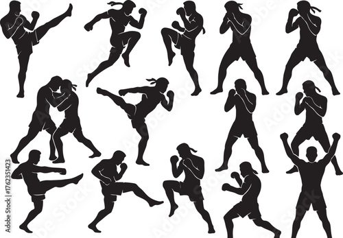 Muay thai silhouette collection diverse fighter poses dynamic martial arts action combat sports training dynamic kicks punches
