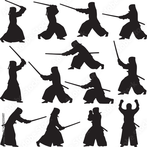 Dynamic japanese kendo martial art silhouette set dynamic warrior poses fighting spirit training action motion