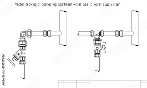 Vector drawing of connecting apartment water pipe
to water supply riser. Connection of a water valve,
ball tap, fittings. Engineering mechanical 
educational industrial design on white paper sheet. 
