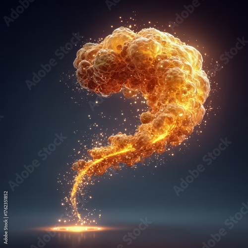Large orange cloud of smoke with a bright yellow glow. The smoke is swirling and twisting