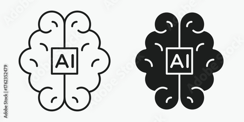 AI brain chip icon in outline, solid, and color style on a light gray background, available in EPS vector format, ideal for artificial intelligence, processor, and digital technology design projects.