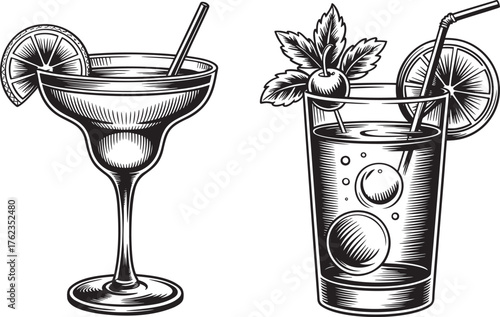 Alcoholic cocktails Hand drawn style  silhouette set isolated on transparent background