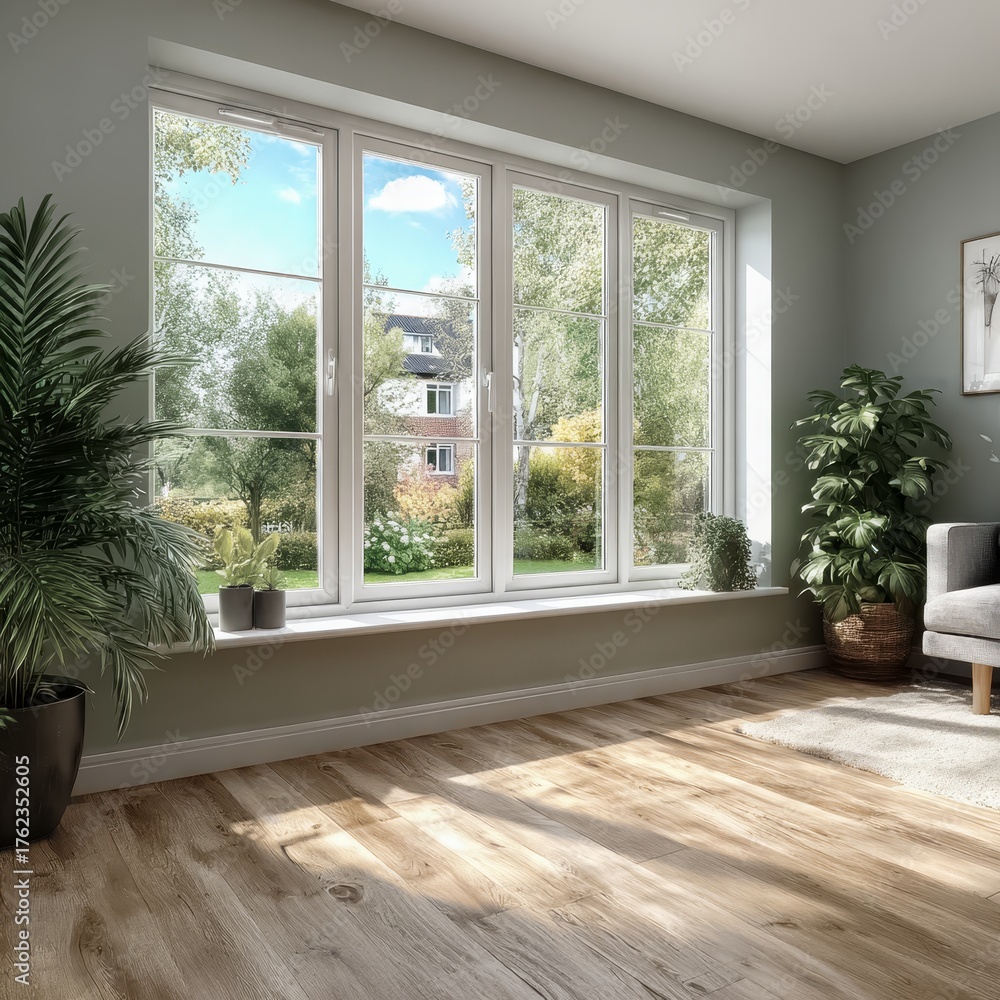 Obraz premium Window with three panes of glass and a potted plant in front of it. The room is bright and airy, with a couch