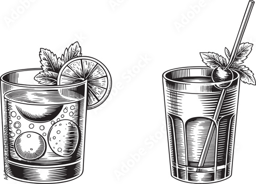 Alcoholic cocktails Hand drawn style  silhouette set isolated on transparent background