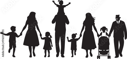 Diverse Family Outing Silhouettes Isolated Flat Element Minimal Design White Background