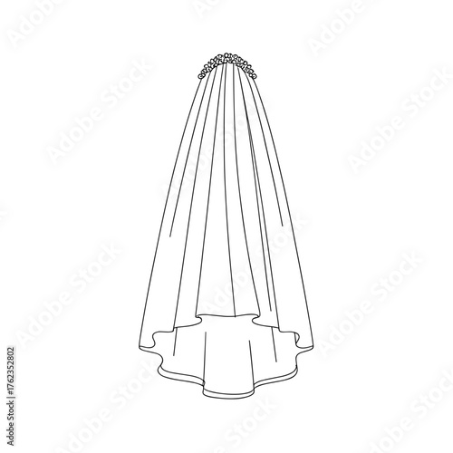 Lace wedding veil hanging on hanger, bridal accessory outline vector