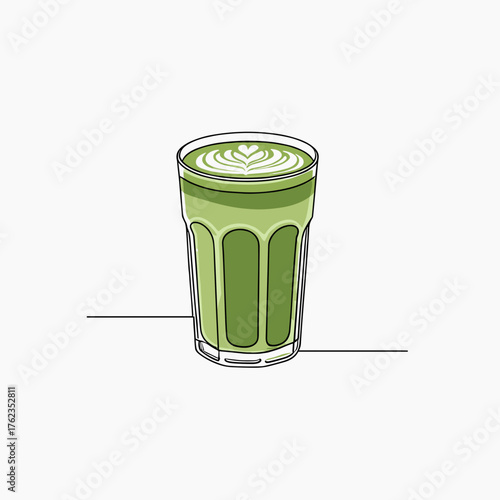 ced green tea in transparent cup with foam, minimalist outline vector