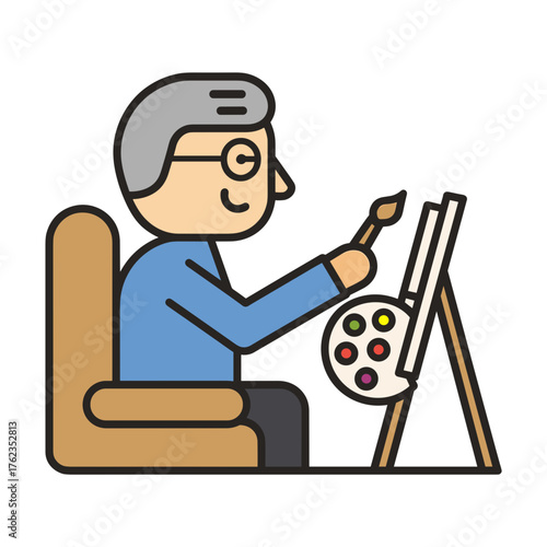 Artist at easel painting with palette and brush, creative studio vector icon