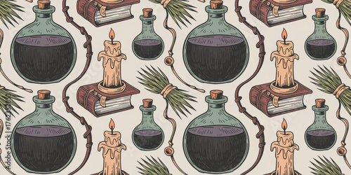 Halloween pattern with candle, bottle, wine, vector art design, illustration