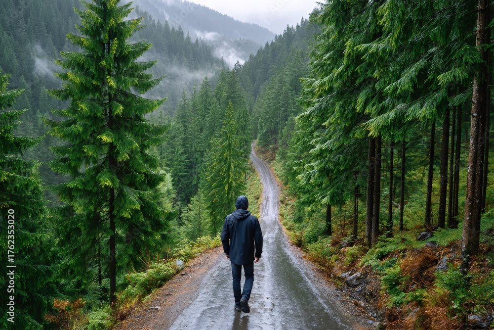 Fototapeta premium Man walking forest road during rain showing solitude