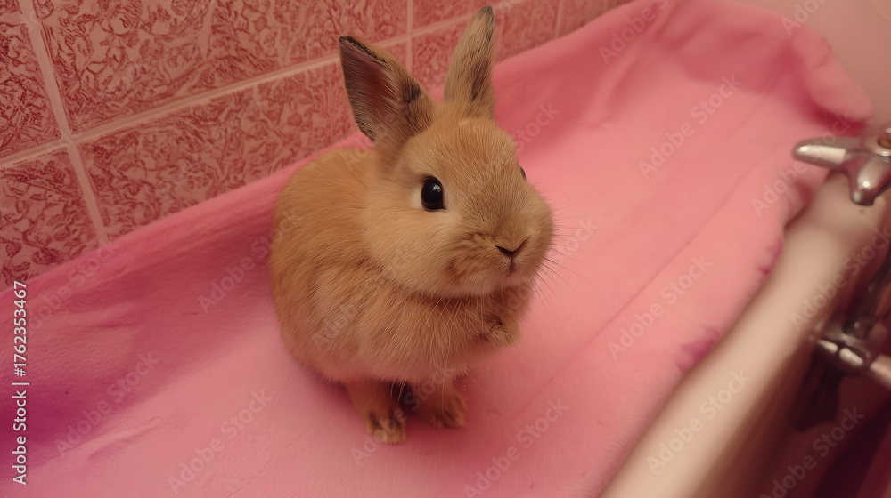 Obraz premium A small tan rabbit sitting on a pink blanket inside a bathtub, looking up adorably.