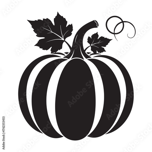 Black silhouette of a plump pumpkin with leaves and swirling vine on a white background vector