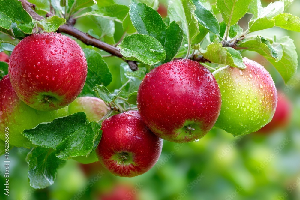 Obraz premium Ripe fresh red and green apples growing on tree