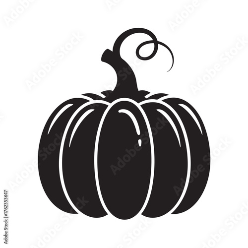 Black silhouette of a round pumpkin with a curly stem and white highlights vector