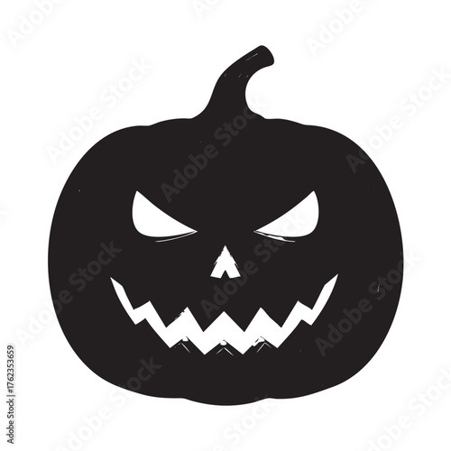 Black silhouette of a scary jack o lantern pumpkin with a jagged mouth and angry eyes on white background