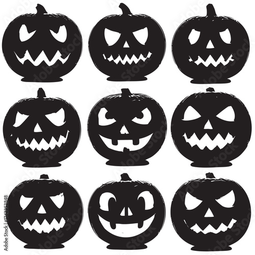 Nine black carved Halloween pumpkins with various spooky faces on white background jack o lantern