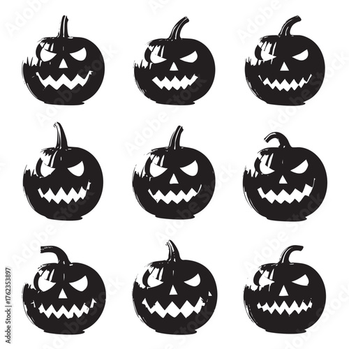 Nine black jack o lantern silhouettes with carved faces on white background halloween pumpkins
