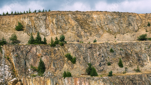 Warstwowy krajobraz kamieniołomu ze skalistymi klifami i rozproszonymi zielonymi drzewami pod zachmurzonym niebem 
