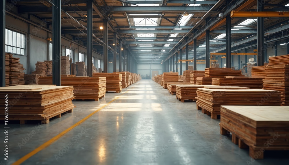 Fototapeta premium Wood factory interior with stacks of lumber and industrial CNC machines. Automated production line processes raw timber into finished wood products for construction and furniture.