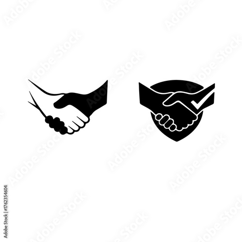 Two hands shaking, symbolizing agreement and trust, one handshake depicted over a shield with a checkmark