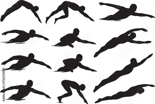 Dynamic silhouette collection of diverse swimmers capturing various swimming strokes and poses in action showcasing athleticism and movement