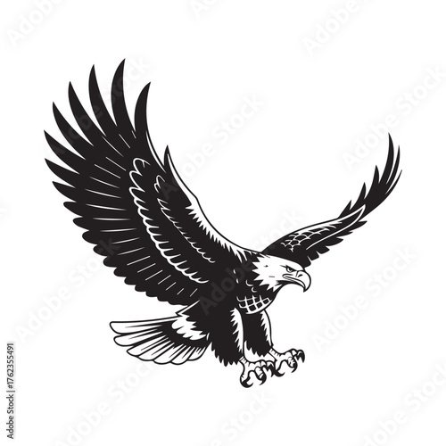 Black eagle in flight vector illustration or tattoo design silhouette of a bird of prey with wings open in nature wildlife