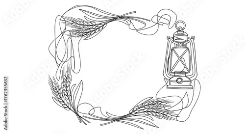 Wheat Wreath Frame with Lantern Illustration, Rustic Harvest Theme