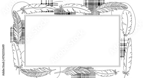 Rectangular frame with turkey feathers and plaid fabric design, decorative border illustration