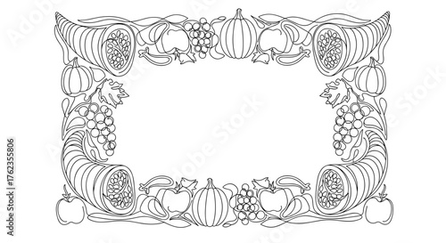 Cornucopia and Fall Harvest Fruit Frame, Autumn Celebration and Thanksgiving Design